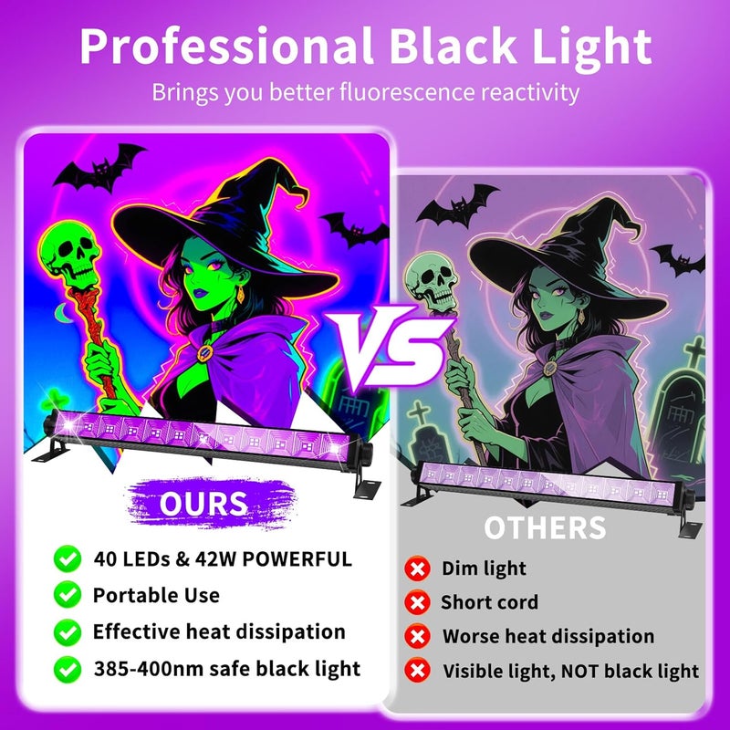 SHGPODA 42W Black Light Bar with 5.25ft Cord and Switch, Light Up 23x23ft, 40 LEDs Blacklights for Glow Party, Halloween Decor, Body Paint, Bedroom, Classroom 1 Pack - Image 4